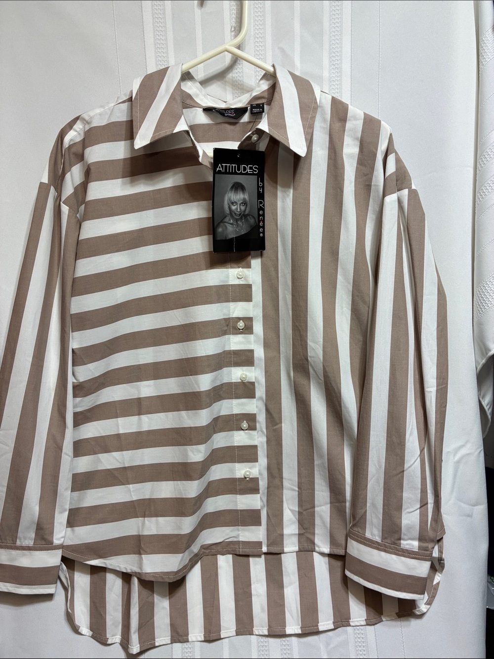 Attitudes by Renee Taupe and White Striped Casual Button-Down Shirt Women’s Sm